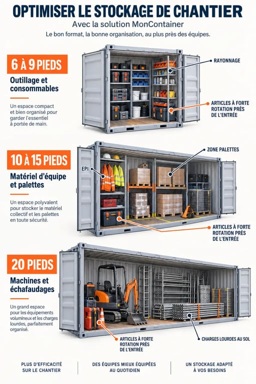 Optimiser le stockage de chantier avec la solution moncontainer selon le format et l’organisation intérieure