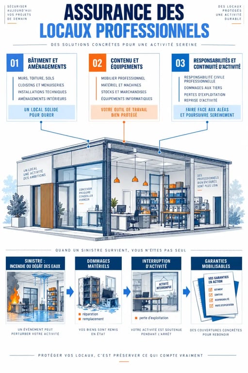 Infographie sur les enjeux de l’assurance des locaux professionnels, des dommages matériels aux pertes d’exploitation